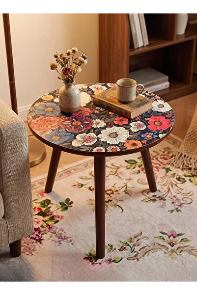 Taimi Wooden Side Table With Colorful Floral Design 47x40cm -Versatile Round ...