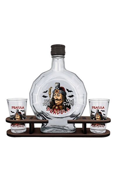 LimArt Dracula Vlad Tepes Wooden Minibar Souvenir Set with Flask Bottle and 2...