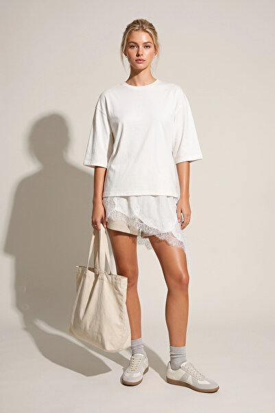 No Matter What Crew Neck Oversize Asymmetrical Lace Detailed T-Shirt
