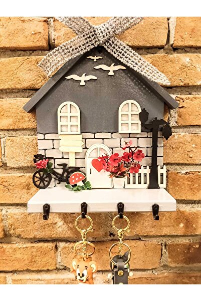 PSAcraft Raf - Raflı Taş Desenli Gri Dekoratif Anahtar Askısı 23 X 25 x CM