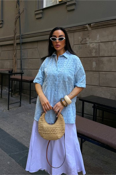 Fav Style Women's Short Sleeve Scallop Embroidered Shirt Blue
