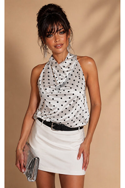Be Best Women's White Halter Neck Degaje Collar Polka Dot Satin Blouse Be418
