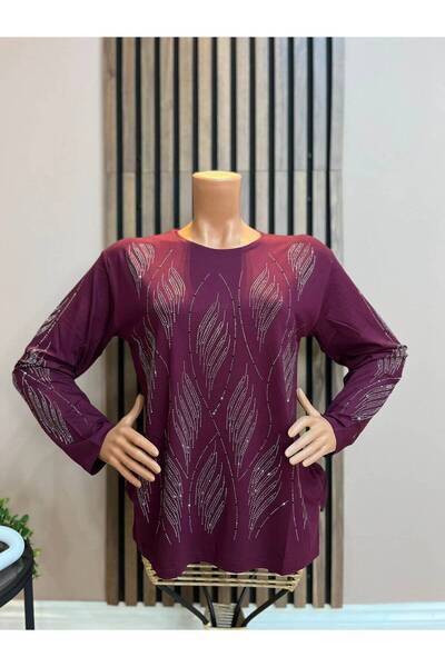 AKMAVİ Women's Middle Age and Above Stone Embroidered Leaf Patterned Mother's...