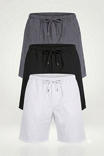 Siyah İz Men's 3-Piece Linen Shorts Set with Elastic Waistband