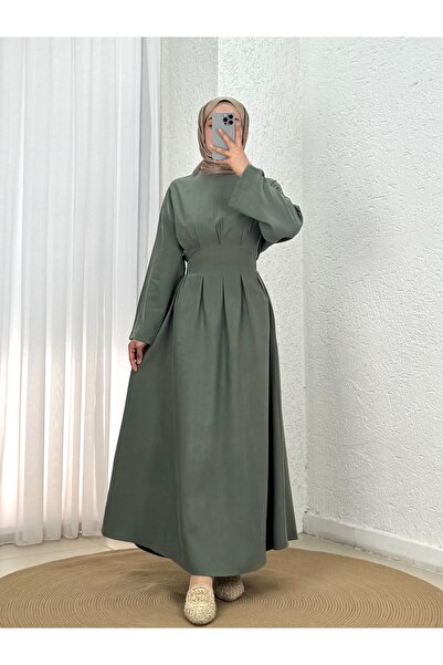 MİHRA STORE فستان مطوي بخصر ضيق من الجانب - EN814 كاكي