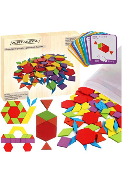 Floopy Joc Tangram din lemn, 155 piese geometrice, 24 cartonase, sac depozita...
