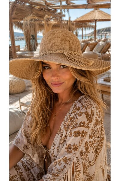 MARBERRY Camel Wide Round Straw Women's Hat with Tassel Accessory Detail