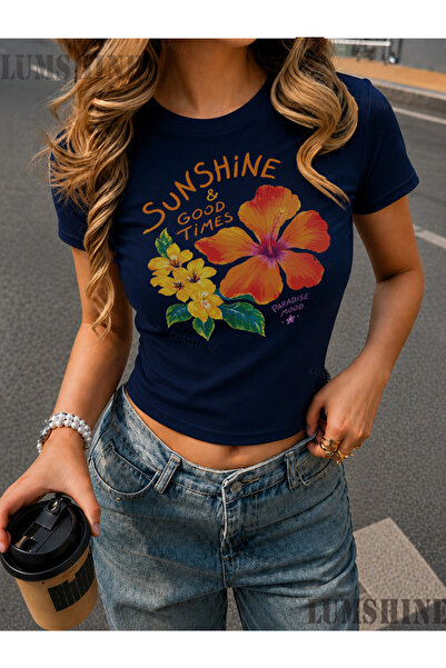LUMSHİNE White Women's Lycra Short Sleeve Floral Summer Design Printed Body-H...