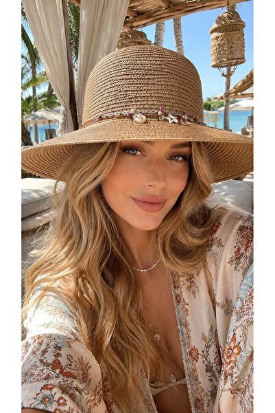 HAZAL KAYA ATELIER Camel Wide Round Straw Women's Hat with Accessory Detail