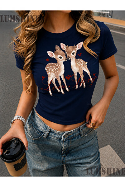 LUMSHİNE White Women's Lycra New Season Love Story Deer Design Printed Body-F...