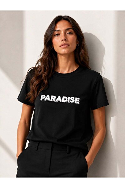 Polo State Γυναικείο μπλουζάκι Paradise με στάμπα και λαιμόκοψη ποδηλάτου, μαύρο
