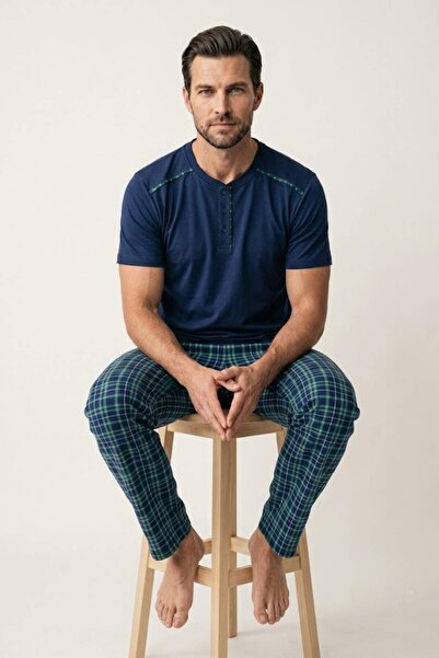 DAT Men's Pajama Sets 100% Cotton Short Sleeve Henley Collar Buttoned Top Pur...