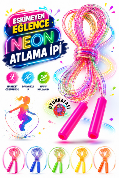OYUNKAFASI Neon Atlama İpi Karışık Renk 1 Adet Çocuk Oyun ve Spor İpi Dayanık...