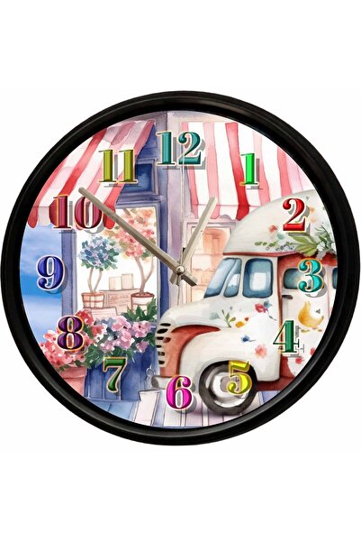 Caseras Flower Shop and Vintage Caravan Themed Decorative Wall Clock 28 cm Si...