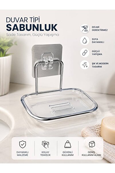 HB LİFE Delmesiz Yapışkanlı Duvar Tipi Sabunluk – Paslanmaz Metal Çerçeveli Ş...