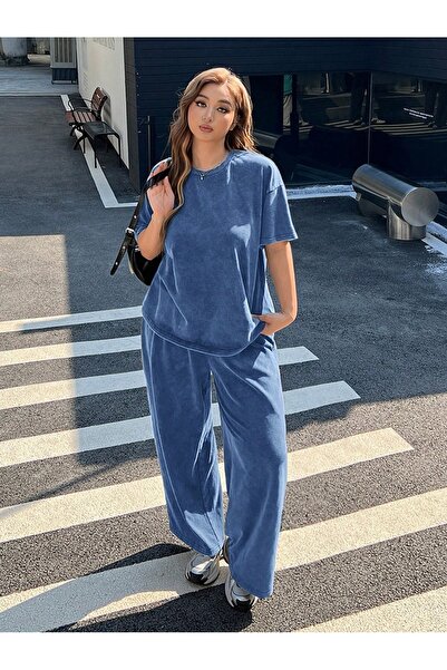 Kadın Vintage Efektli Wide Leg Takım Trend Sokak Modası