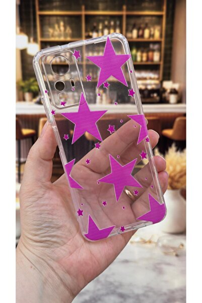Vip Case Redmi Note 12S Uyumlu Pembe Yıldız Desenli Şeffaf Darbe Emici Kamera...