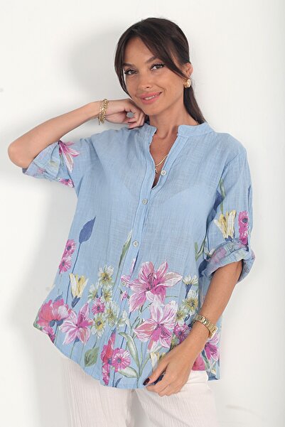 By Saygı Women's Italian Oversized Cotton Shirt with Big Floral Prints on the...