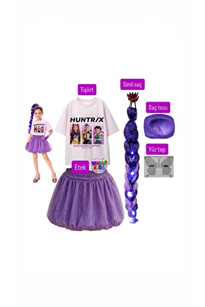 bemora kids kpop rumi huntrix iblis avcıları baskılı tişört + mor balon etek ...