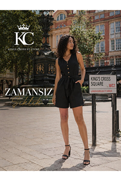 kings cross st store Kadın Likrasız Keten Görünümlü Kumaş V Yaka Kolsuz Şort ...