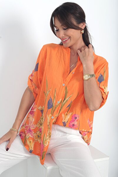 By Saygı Women's Italian Oversized Cotton Shirt with Big Floral Prints on the...