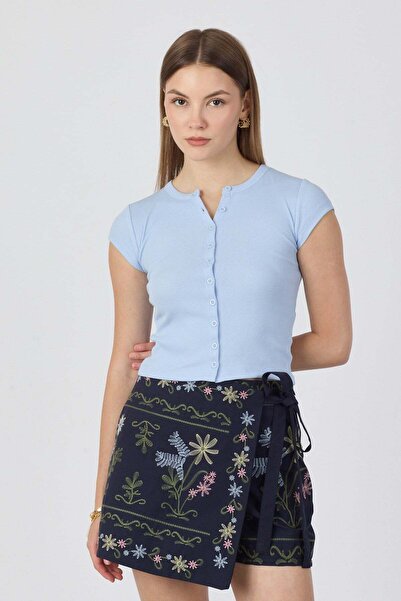 NİLİST Cotton Front Buttoned Camisole Crop Blouse - Blue