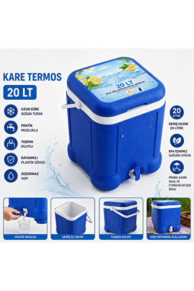 EVİMİST 20 Litre Musluklu Termos Kare Tip Soğuk İçecek Termosu Taşıma Kulplu ...