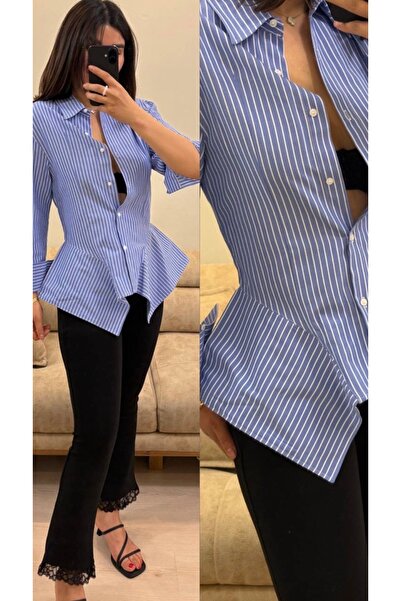 Marka Kadın Peplum Detay Çizgili Pamuklu Poplin Tasarım Gömlek