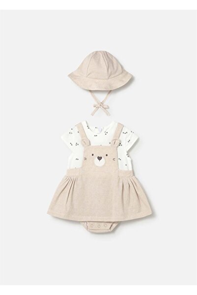 MAYORAL Baby Girl Ruffle Dress with Hat Beige 1631