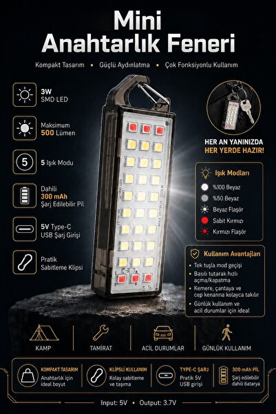 Telvesse 30 LED 5 MOD Mini Anahtarlık El Feneri Kırmızı-Beyaz Işık Type-C LED...