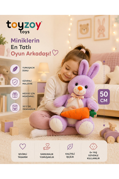Toyzoy Toys Havuçlu Sevimli Peluş Oyuncak Tavşan 50 cm - Sevimli & Yumuşak
