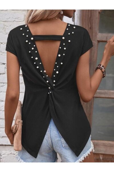 DRESSIFY WOMEN’S FASHION Bluză de damă cu mânecă scurtă, cu detaliu perlat, d...