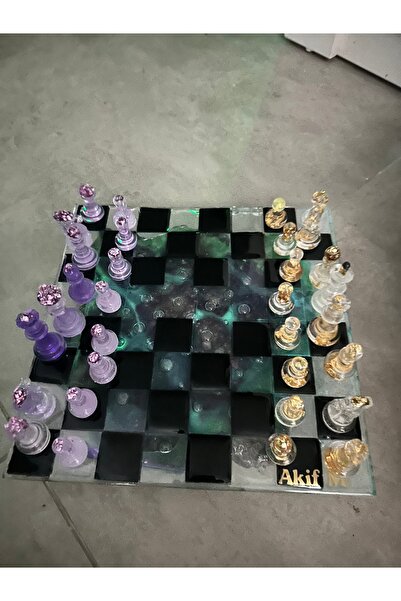Madamlumi Babalar Günü Özel Premium Epoksi Satranç Takımı Siyah Gold Dekorati...