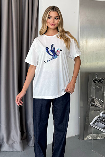 GİYSA Women's Crew Neck T-Shirt with Stone Bird Pattern White - 5105