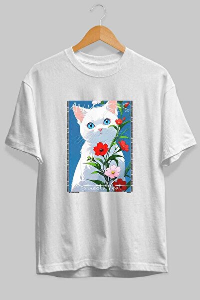 Ankhises For the Sake of Cat Love 115 Front Cat Printed White Oversize T-Shir...