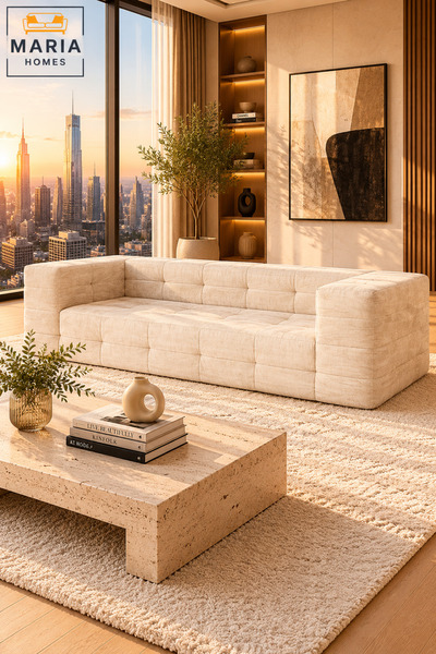 MARIA HOMES Modern Beige Upholstered Sofa Couch Comfortable Living Room Seati...