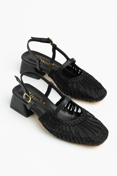 RİSSOLİ Women's Black Mesh Knitted Short Block Heel Sandals