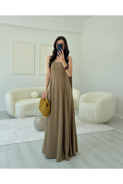 LUUNA STORE HAKİ İNCE ASKILI FULARLI MAXİ ELBİSE