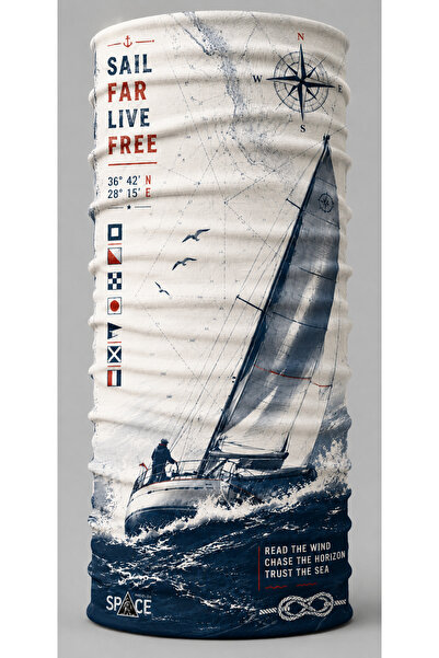 Monokrom Yelkenli ve Pusula Detaylı “Sail Far Live Free” Denizci Bandana Buff