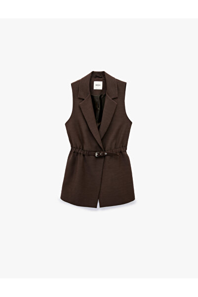 Koton Viscose Blended Belted Double Breasted Collared Sleeveless Long Vest
