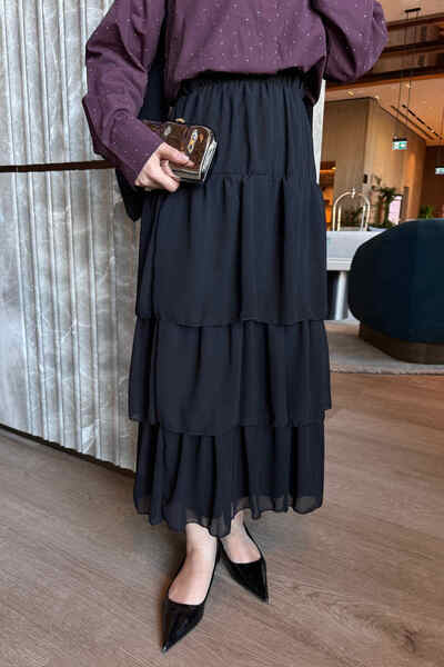 İmajButik Black Layered Chiffon Skirt with Elastic Waist
