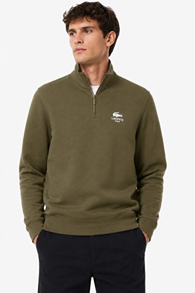Lacoste سويت شيرت بطباعة مميزة وياقة عالية وسحاب أمامي للجنسين، سويت شيرت قطن...