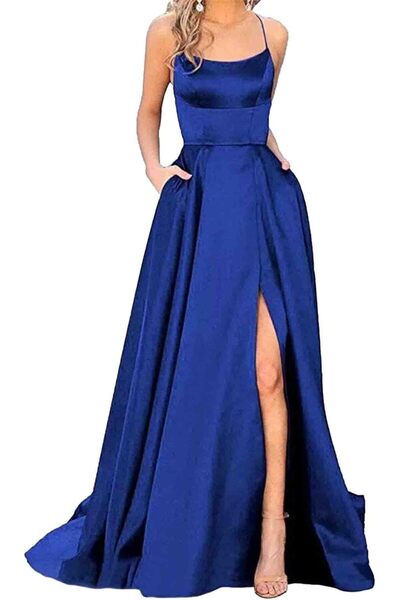 OEM Rochie de damă din satin elegantă de seară maxi cu buzunare albastru M