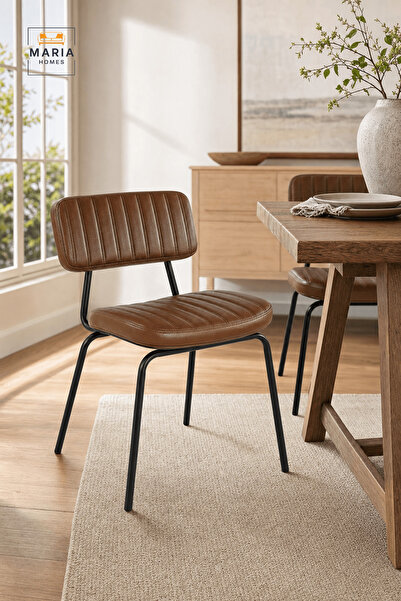 MARIA HOMES Brown Padded Dining Chair with Black Metal Legs and Vertical Stit...