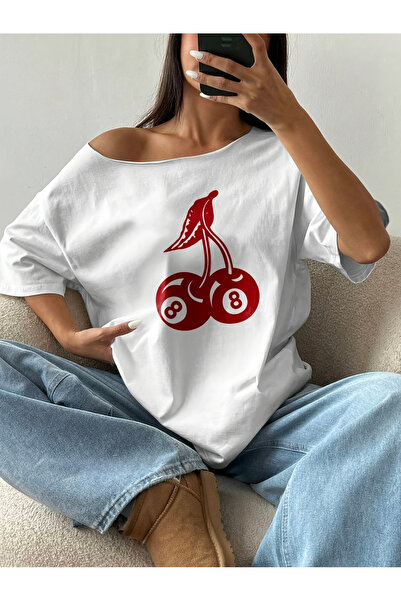 OVER HEAD Tricou pentru femei 88 Cherry cu imprimeu, cu gât barcă și umeri go...