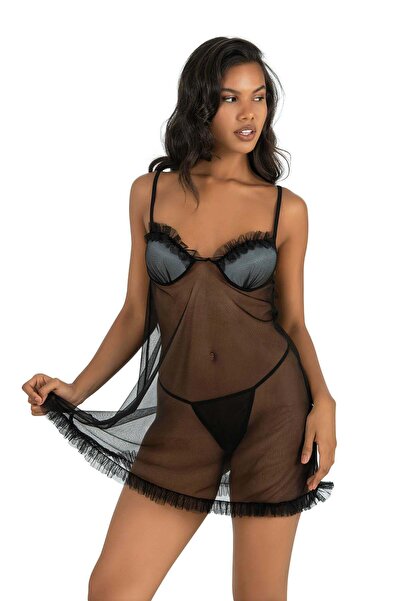 ahu lingerie Ženska crna kratka spavaćica od tila sa užadnim naramenicama i d...