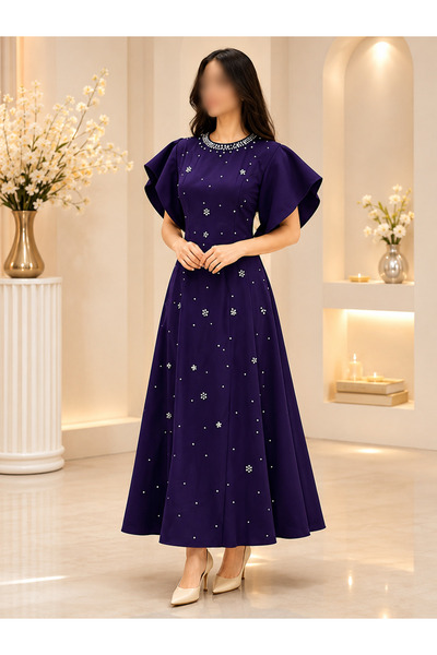 Nobrand Purple Elegant Dress with Crystal Work and High Split Flare Sleeves