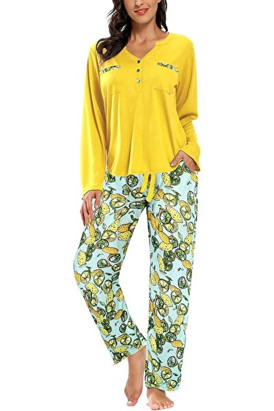OEM SHEKINI Pijama Dama Set Dublu, Cu Pantaloni Lungi, Tricou Galben L