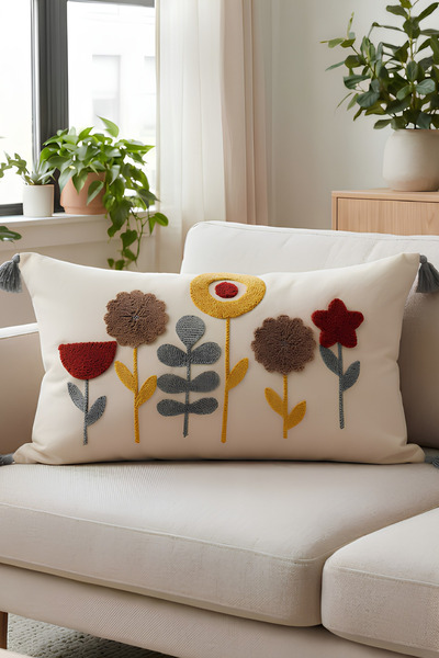 Valmia Home Punch Embroidered Flower Garden Patterned Cotton Tassel Throw Pil...