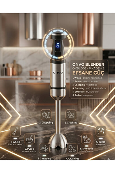 ONVO Dijital Kontrollü Paslanmaz Çelik El Blender - 6 Kademeli Güçlü "